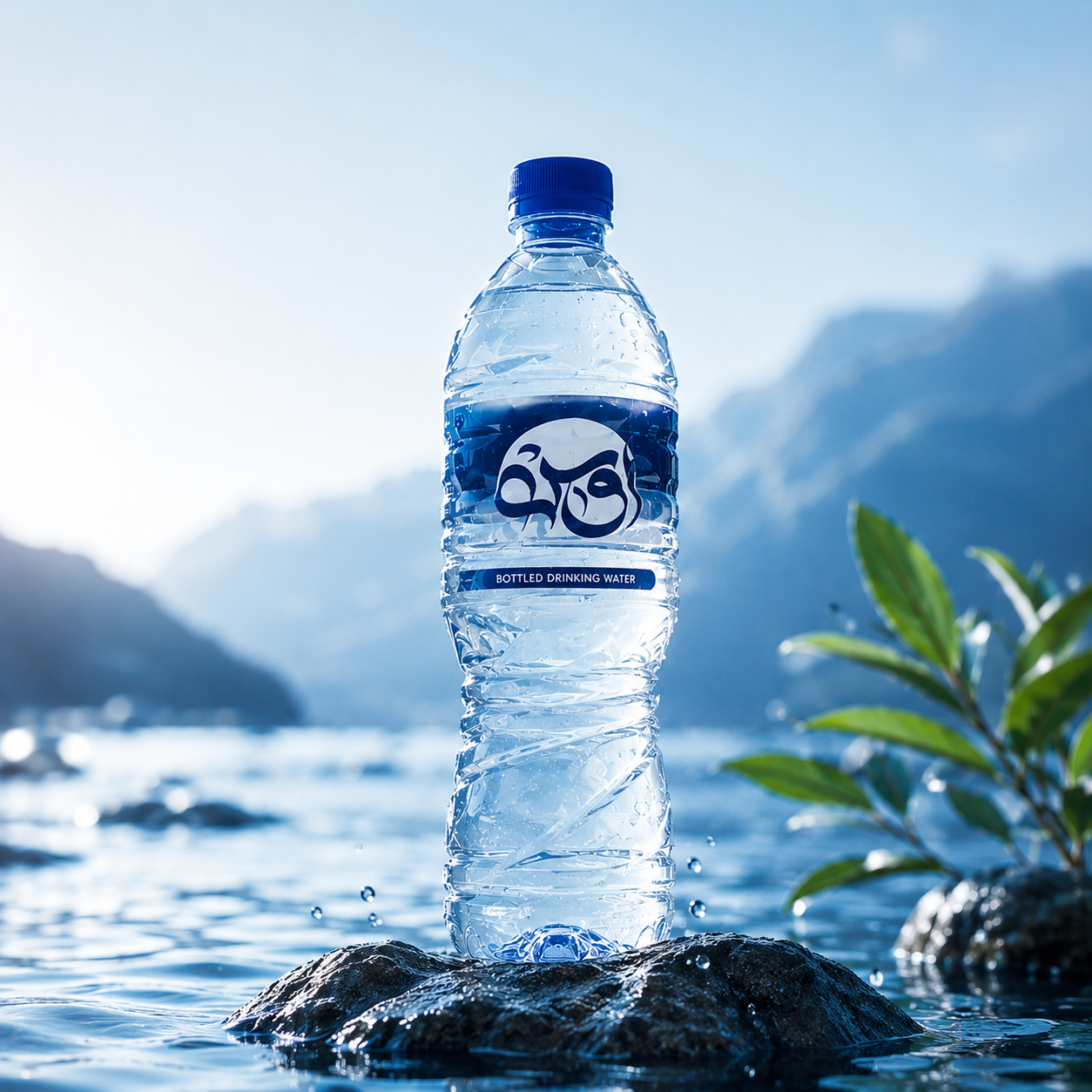 OOS Water bottled drinking water on a rock in a clear mountain lake