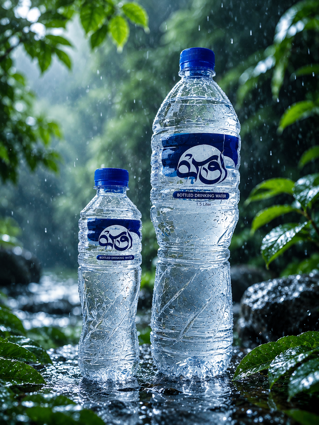 OOS Water bottles in fresh rainfall surrounded by greenery